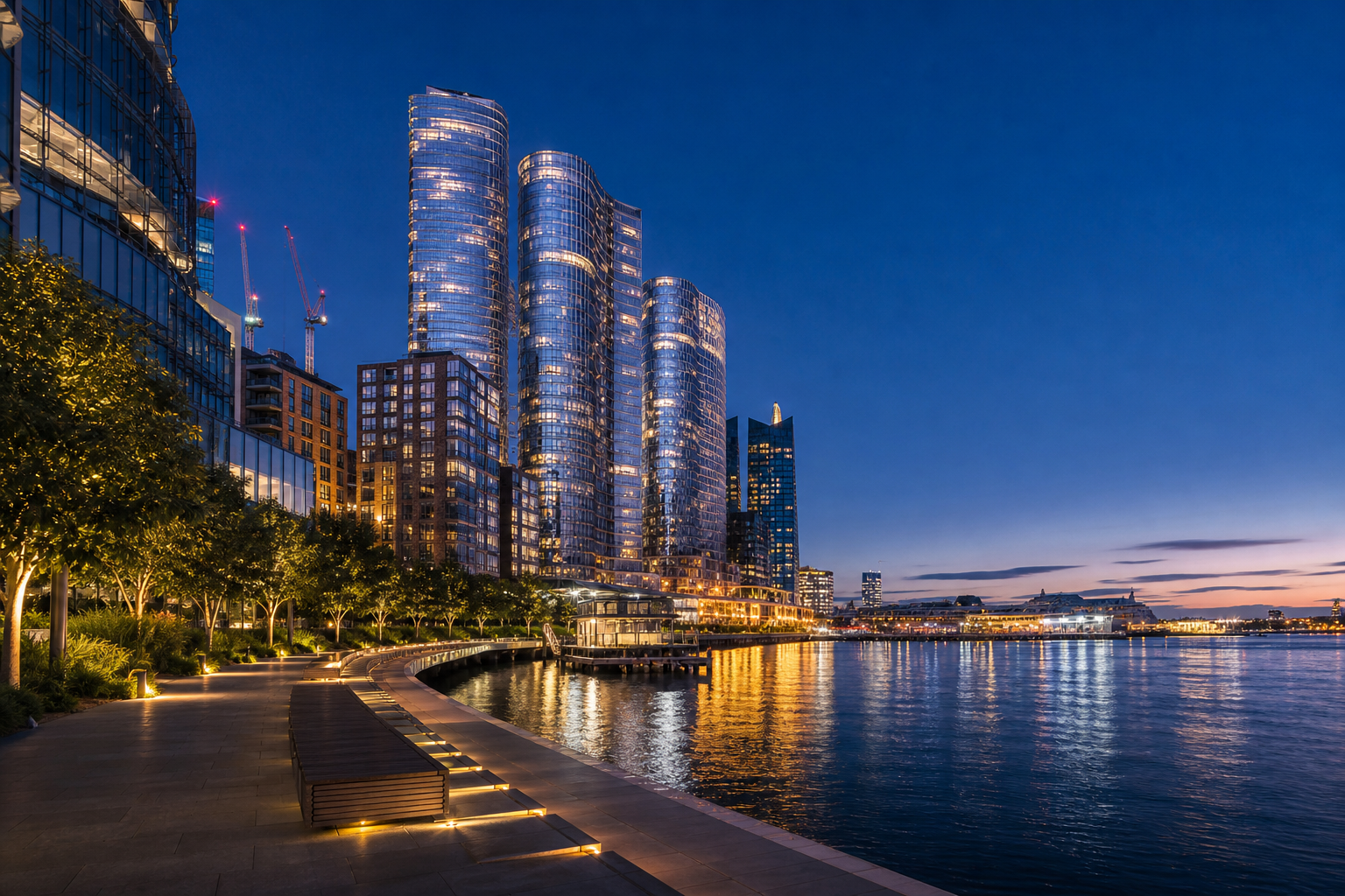 High-definition Barangaroo waterfront skyline at twilight