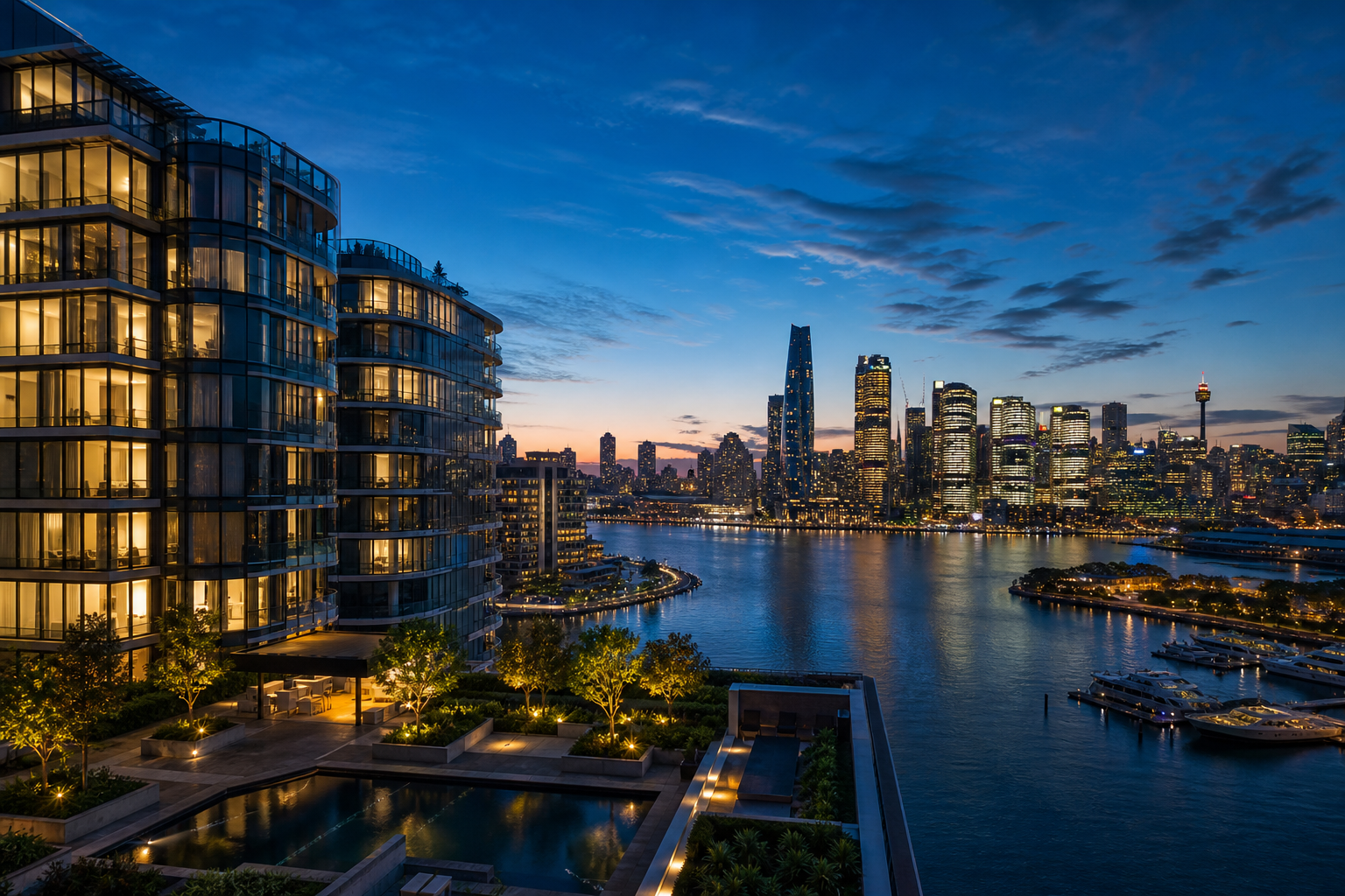 High-definition Sydney harbour residential towers at night