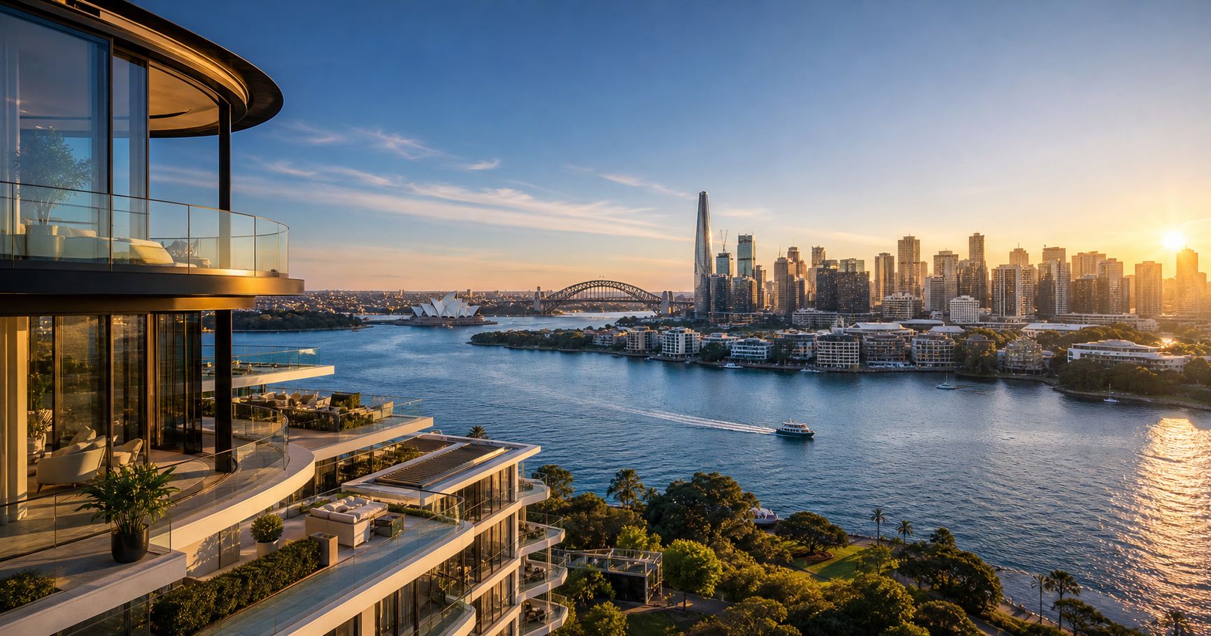 High-definition Sydney waterfront skyline at sunrise